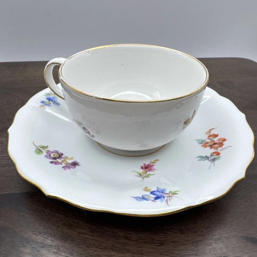 Meissen Flat Cup & Saucer Set Chinoiserie X Mark Crossed Swords Floral AS IS Vtg